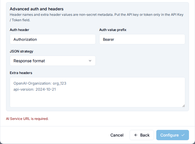 The Advanced auth and headers block of the Configure step