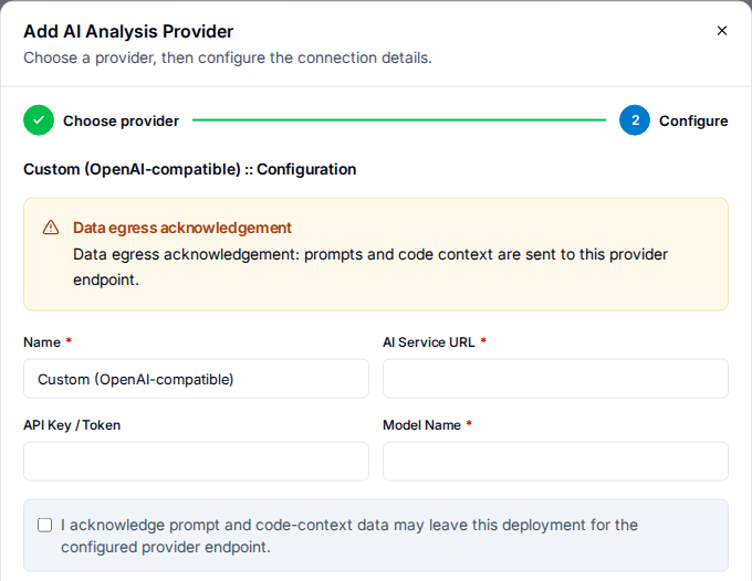 The Configure step of the Add AI Analysis Provider dialog