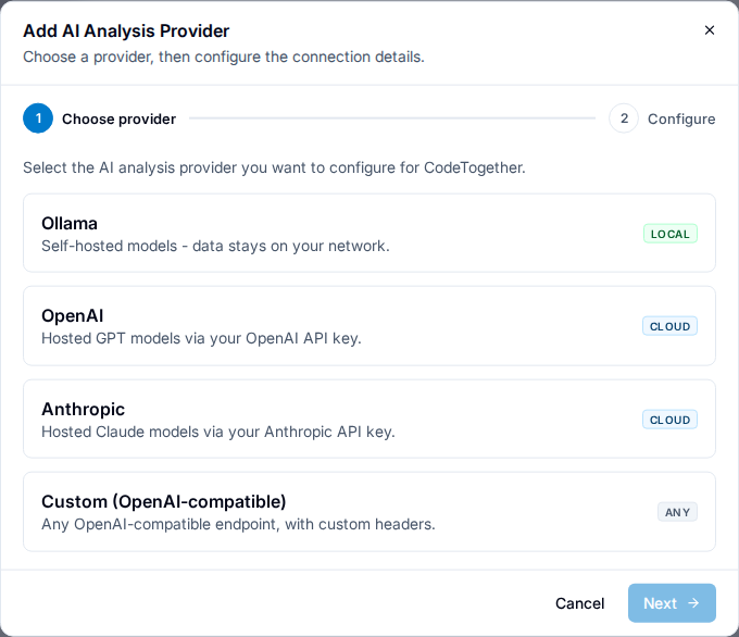 The Choose provider step listing Ollama, OpenAI, Anthropic and Custom OpenAI-compatible