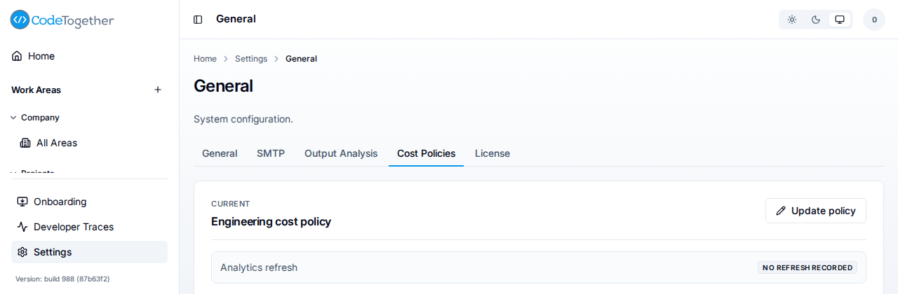 Settings navigation showing the Cost Policies tab active