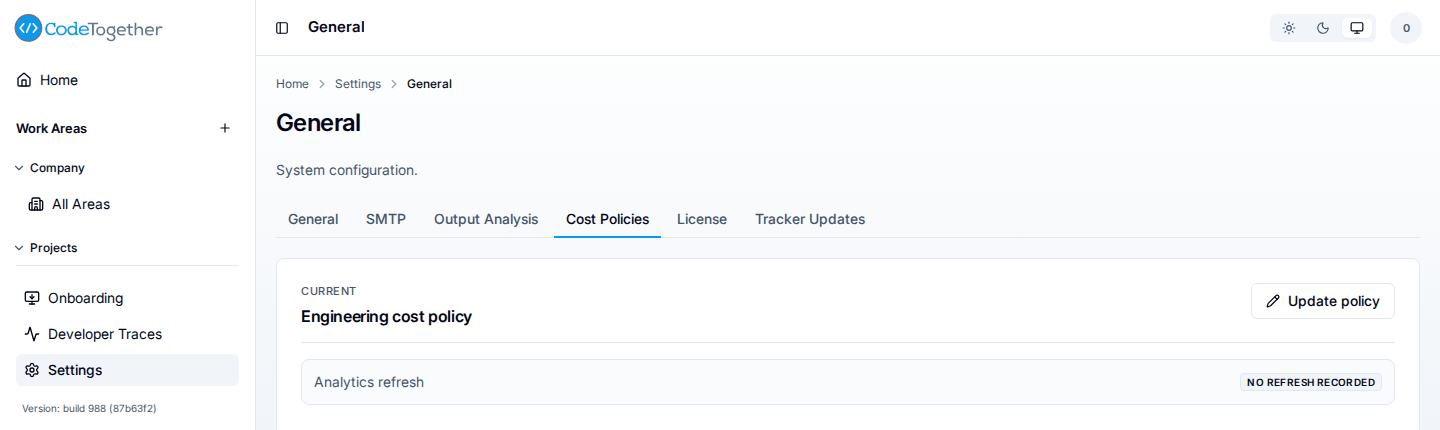 Settings navigation showing the Cost Policies tab active