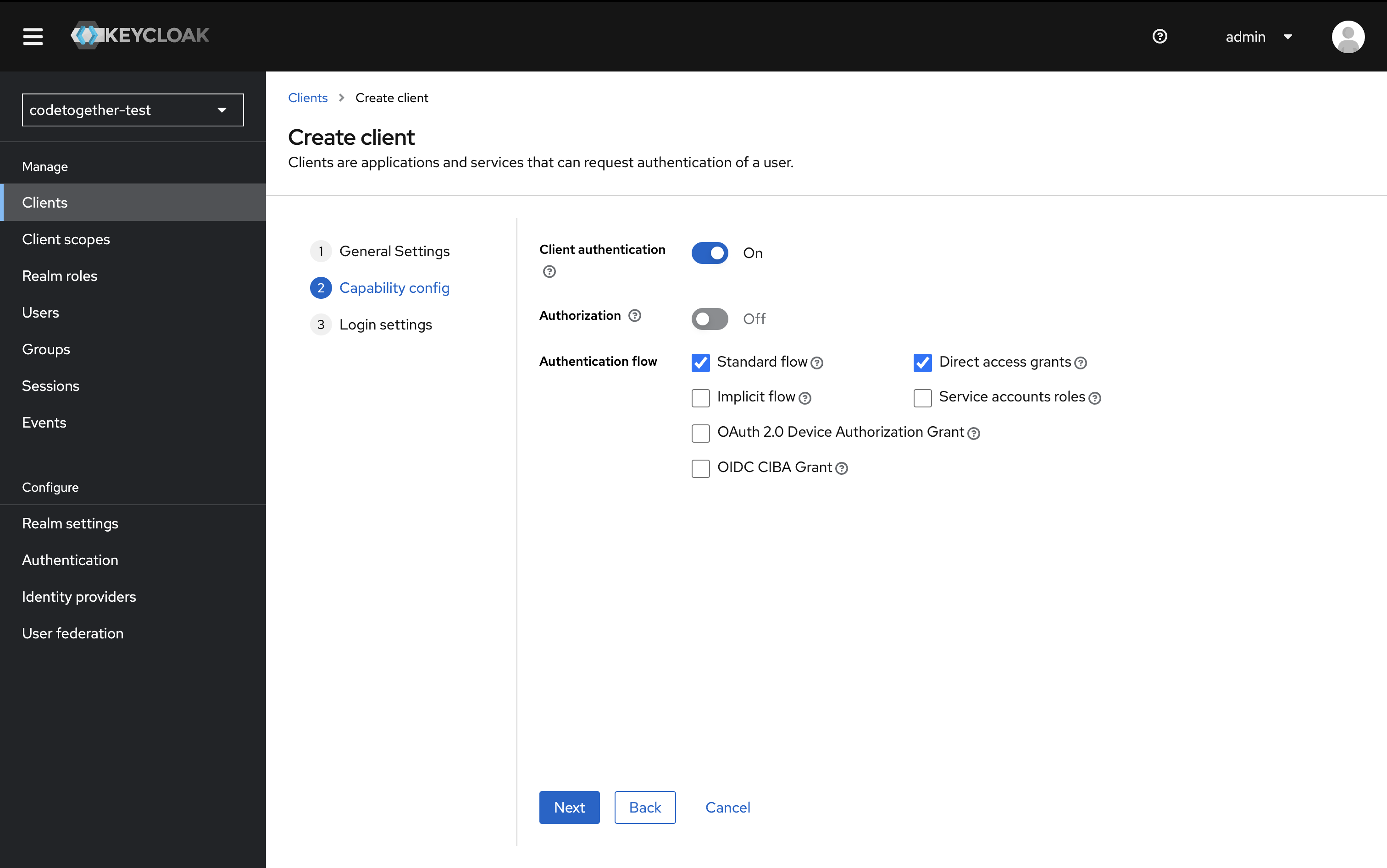 Create Client – Capability Config Step