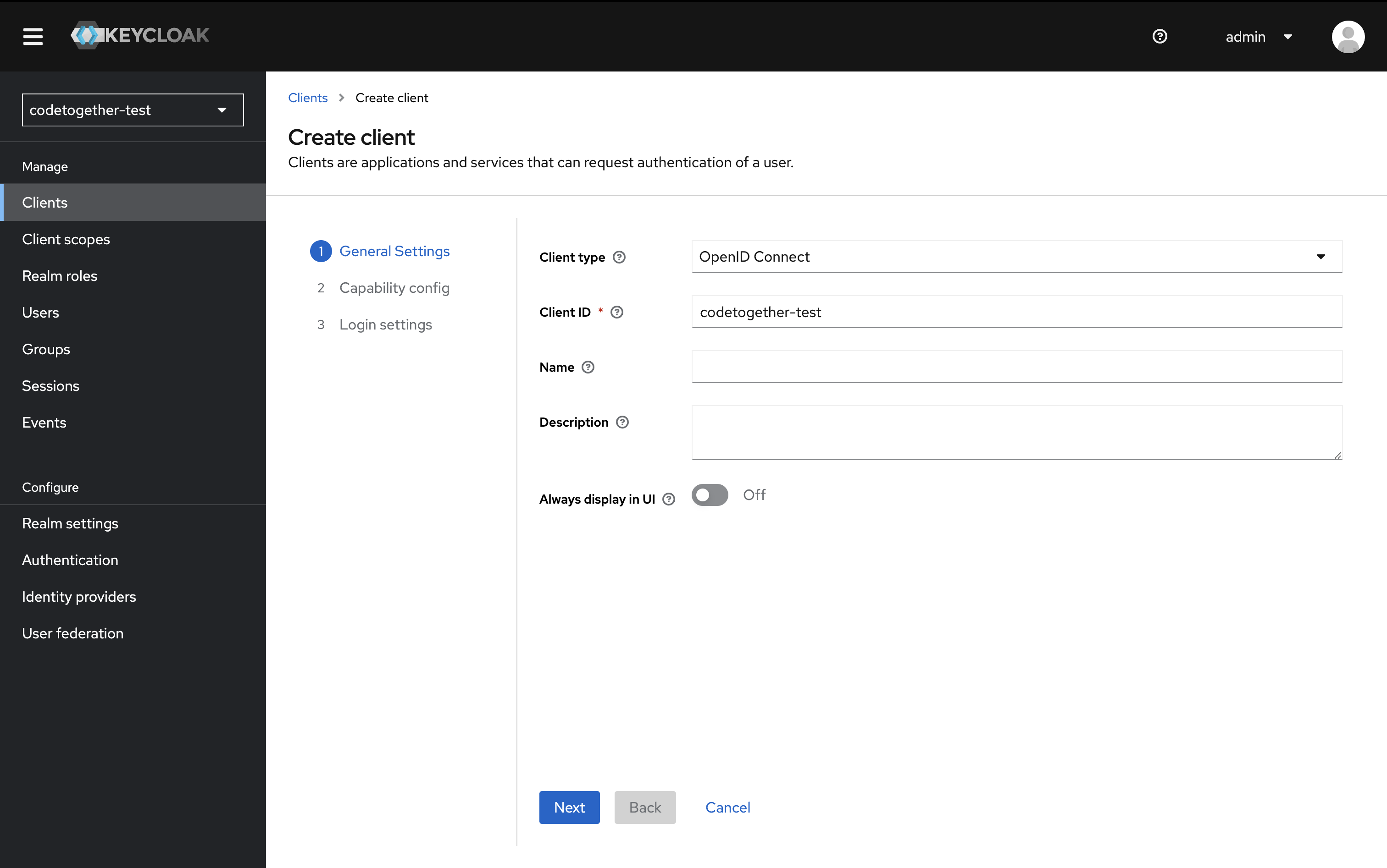 Create Client – General Settings Step