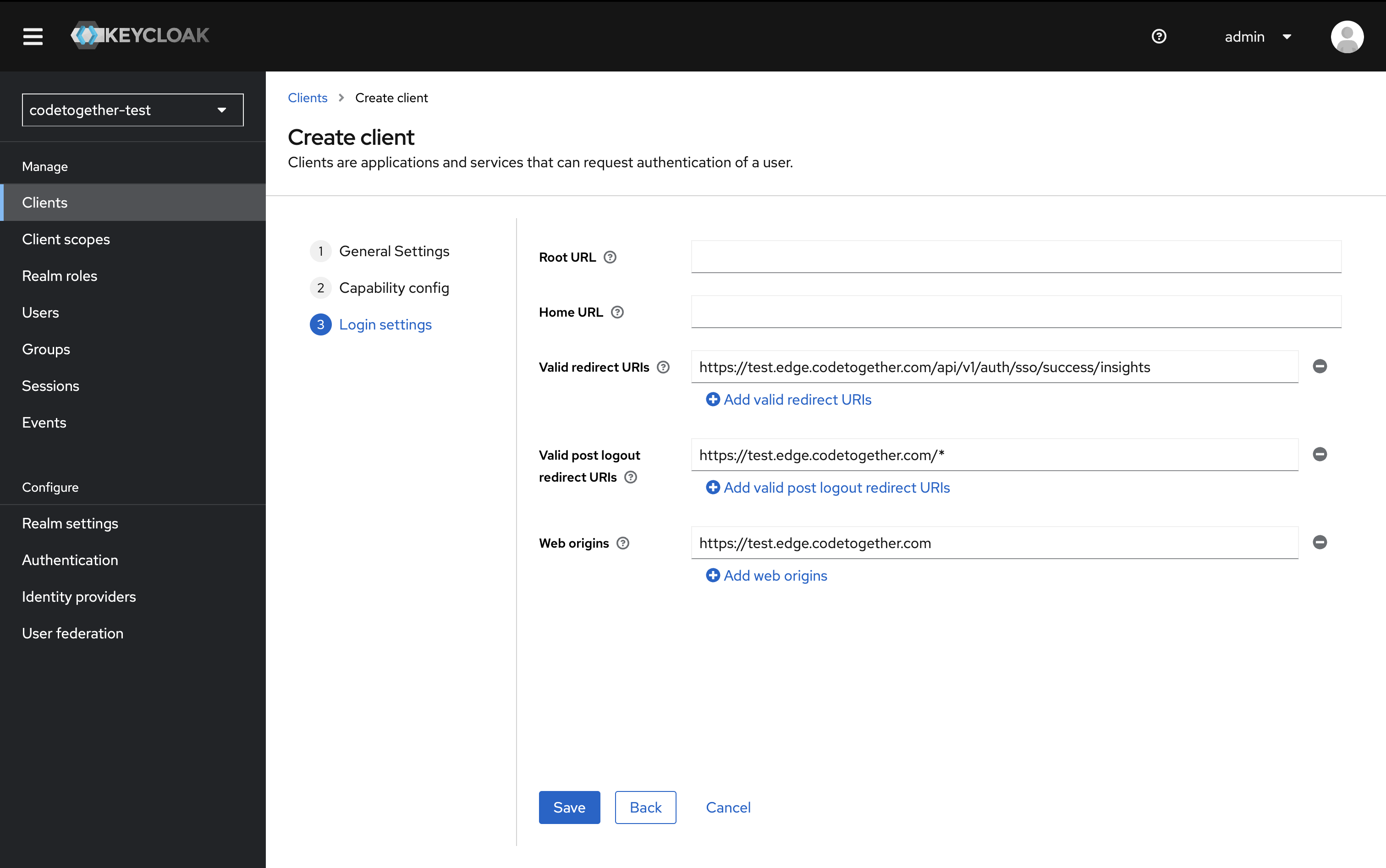 Create Client – Login Settings Step