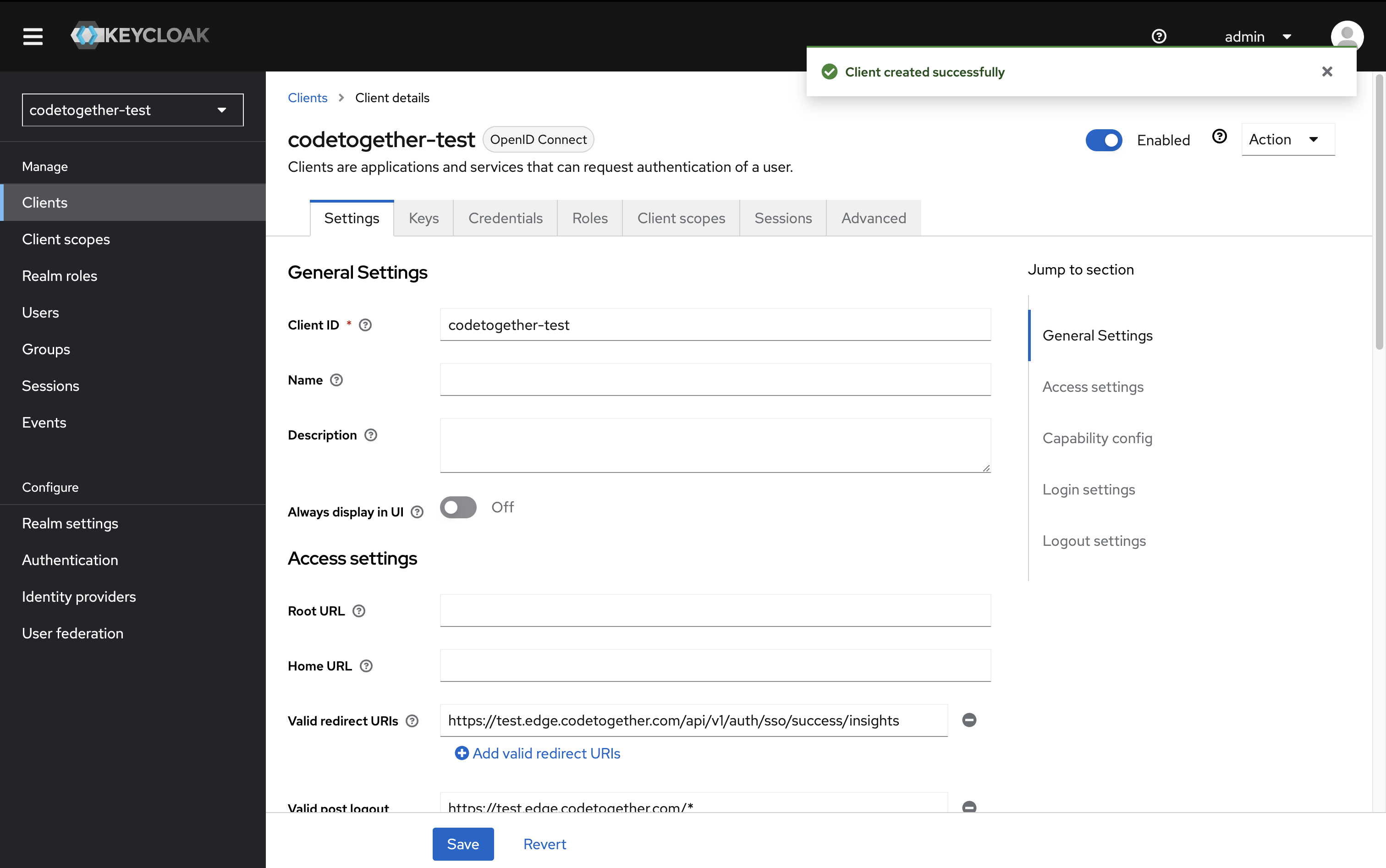 Create Client – Login Settings Step
