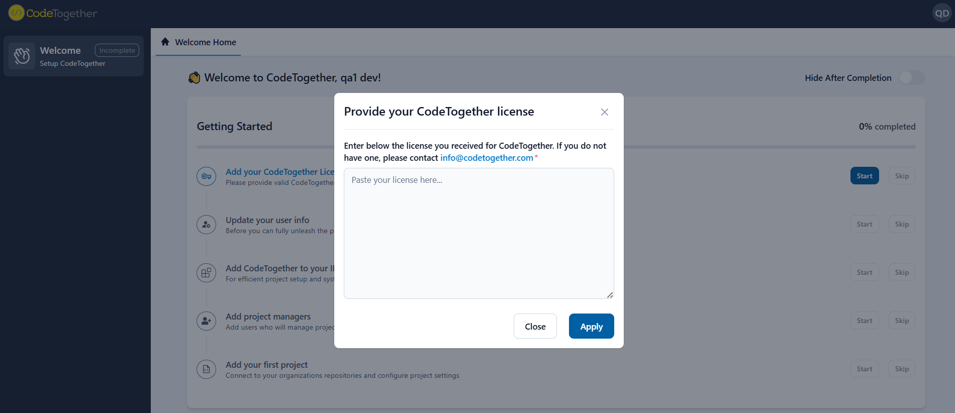 Getting started license