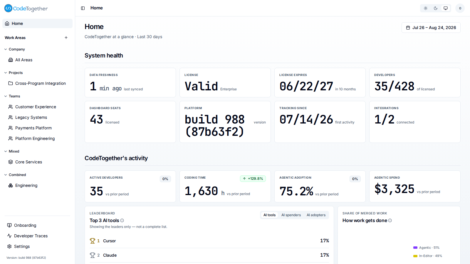Home page showing the sidebar and System health row