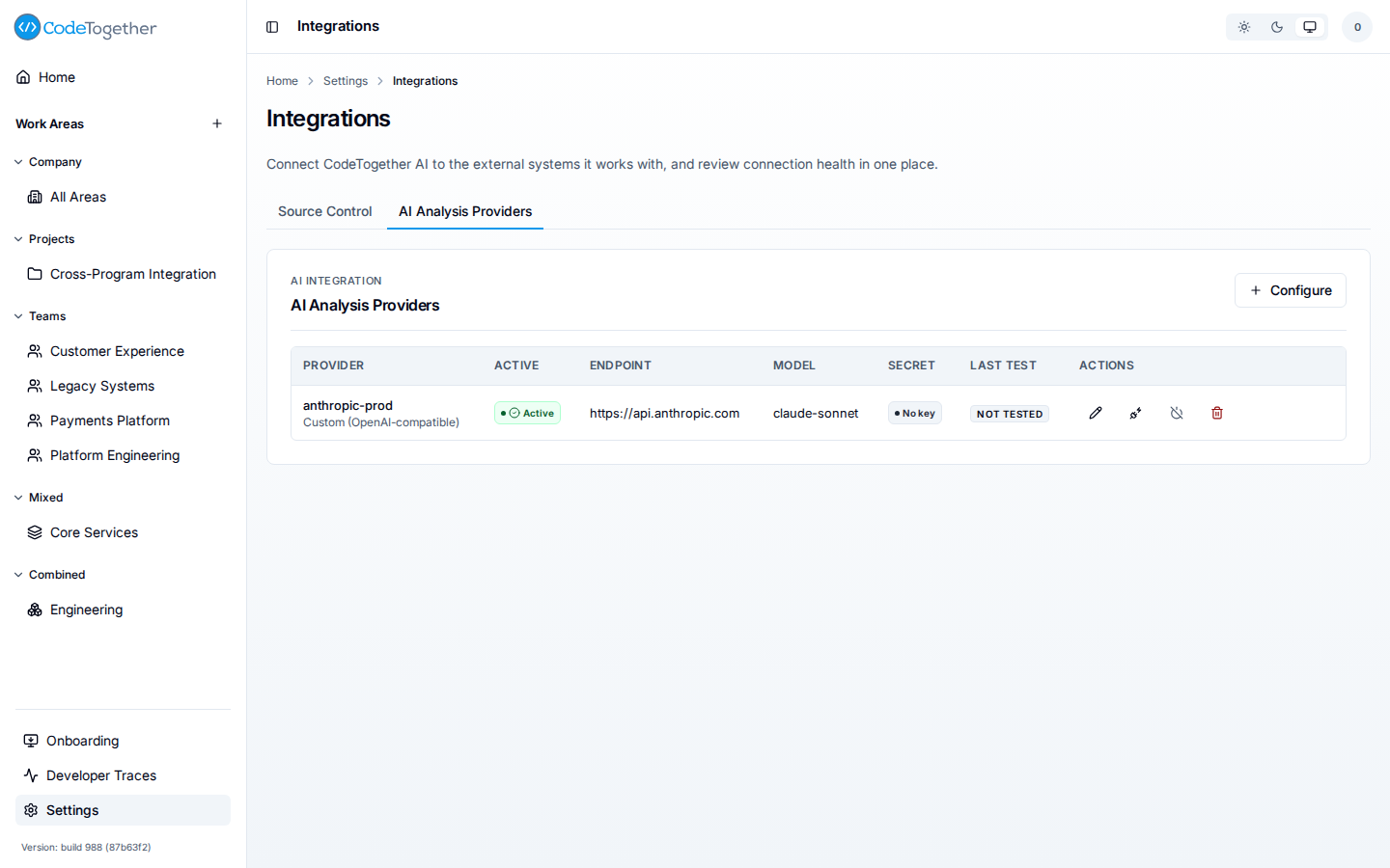 Settings Integrations, AI Analysis Providers tab