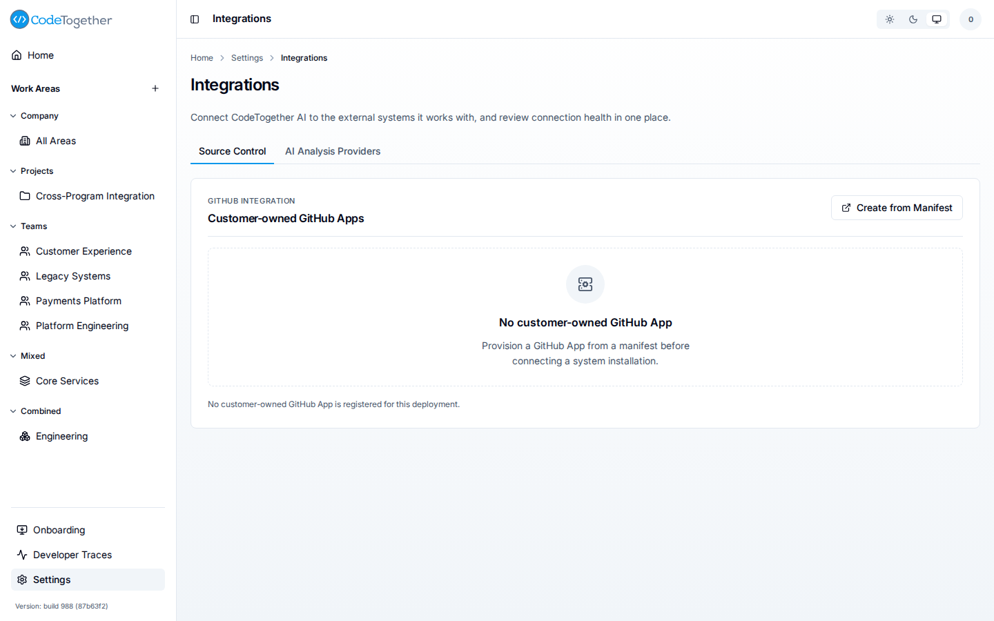 Settings Integrations, Source Control tab