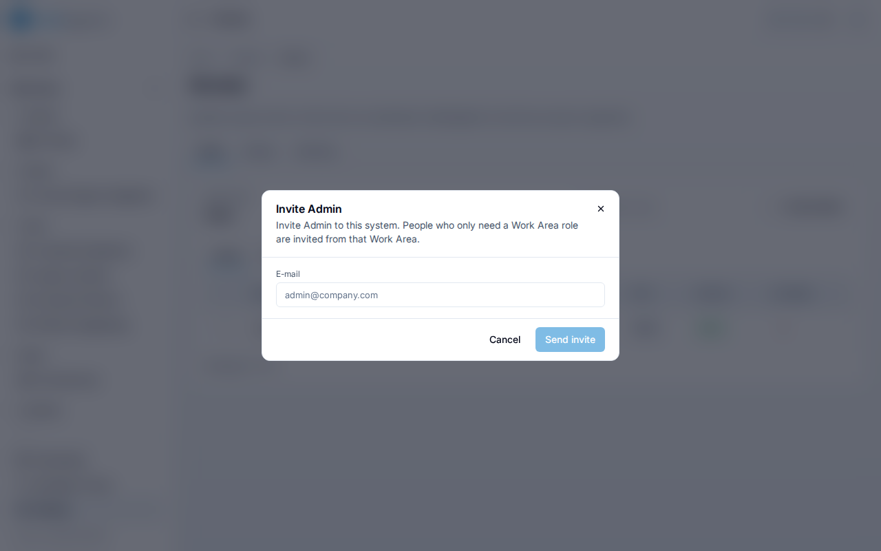 Invite Admin dialog