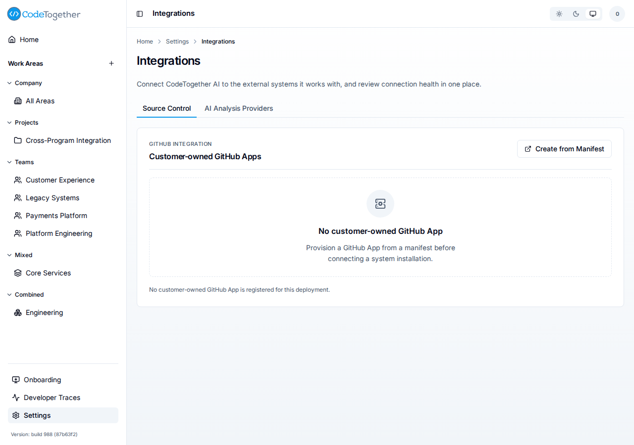 On-premises Source Control tab with no customer-owned GitHub App registered yet