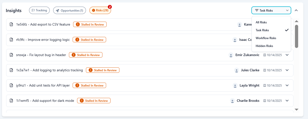 Insights risk filter dropdown