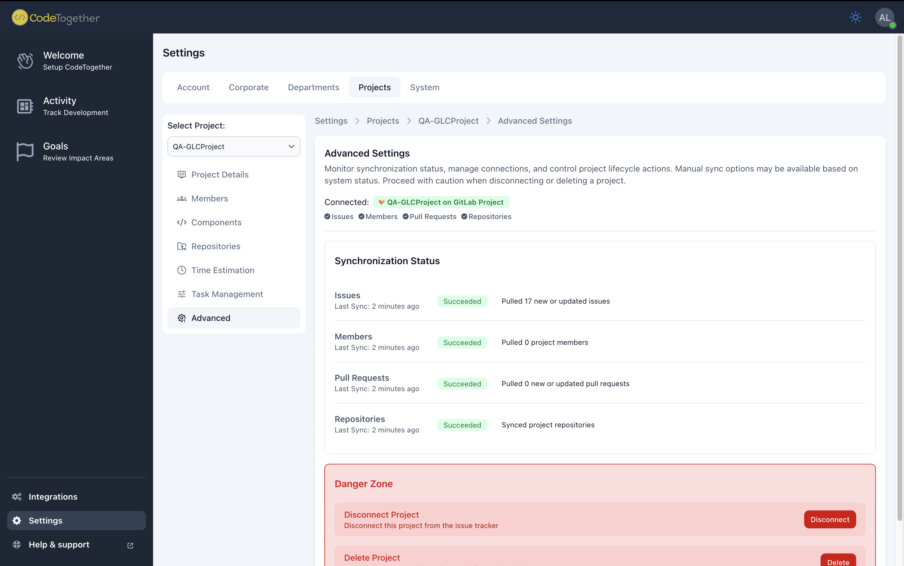 Settings Projects Advance Succeed
