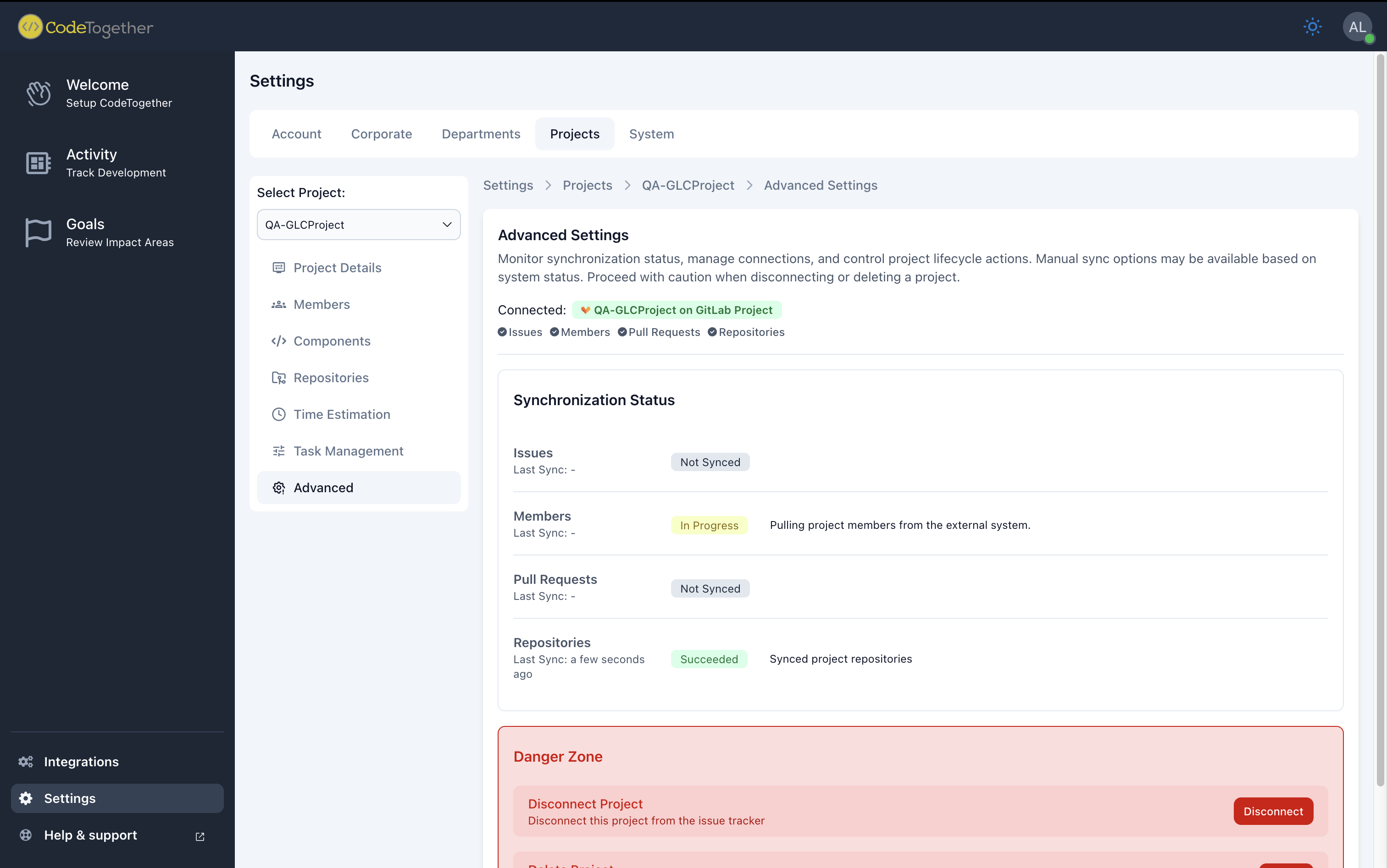 Settings Projects Advance Sync
