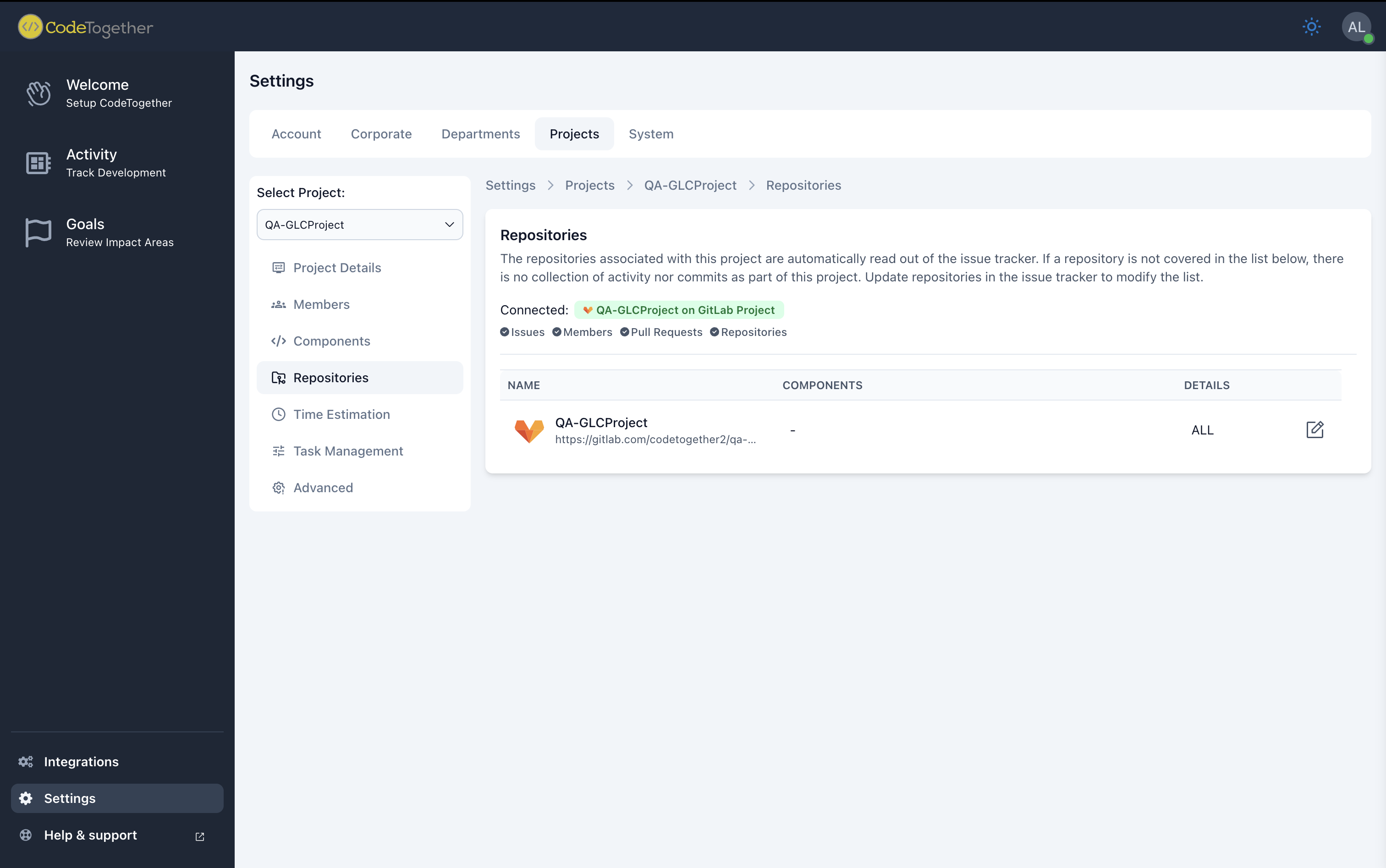 Settings Projects Repositories