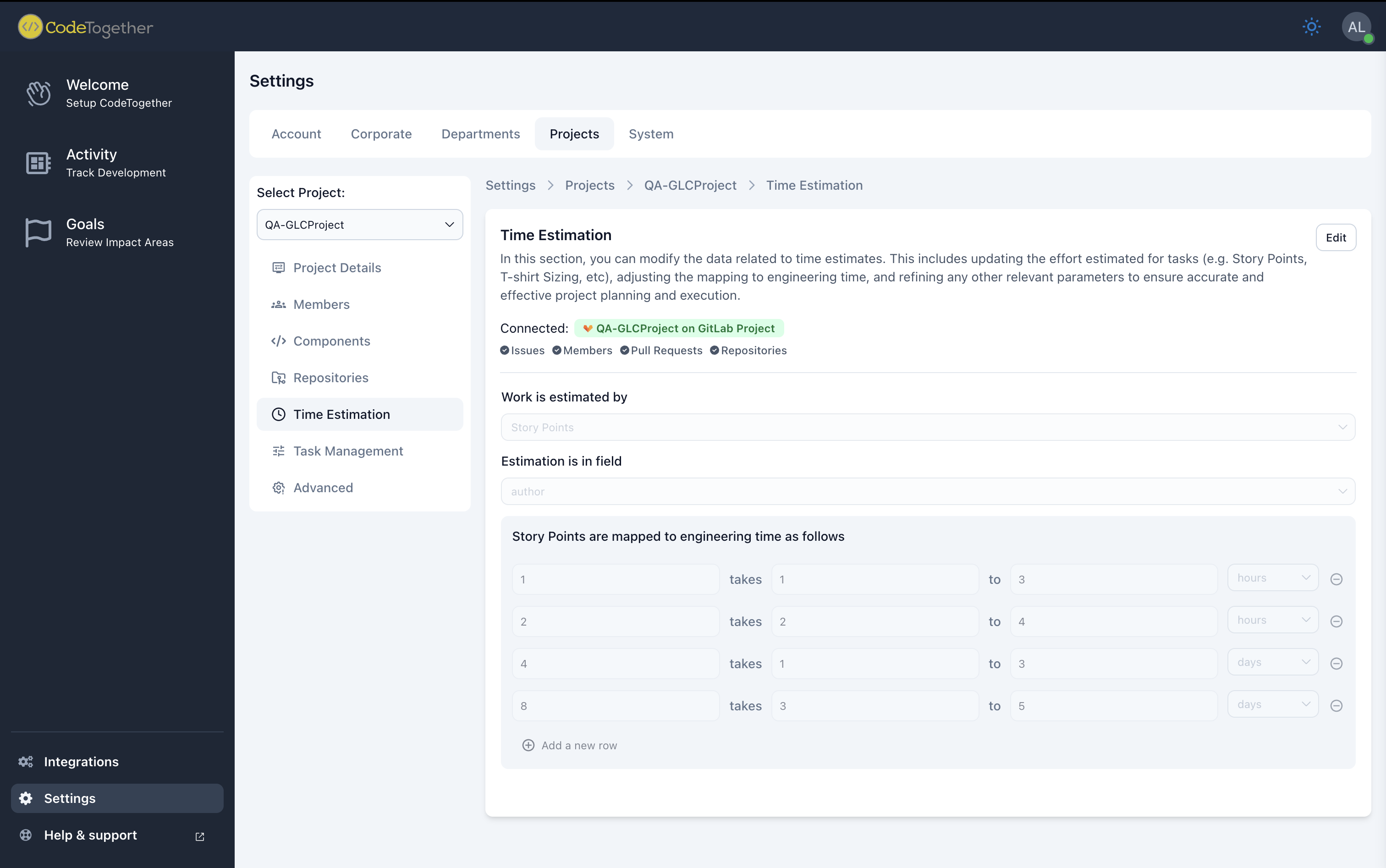 Settings Projects Time Estimation