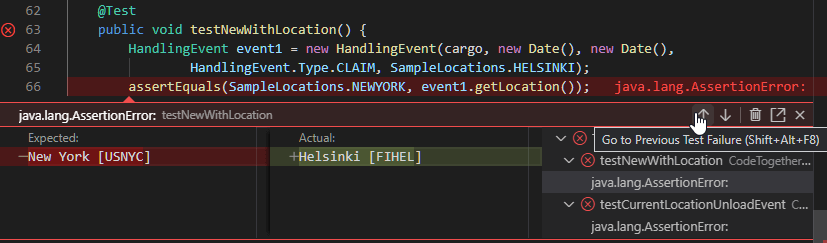 Examining test failures in VS Code