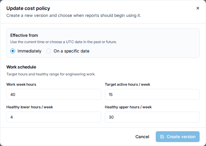 Update cost policy dialog