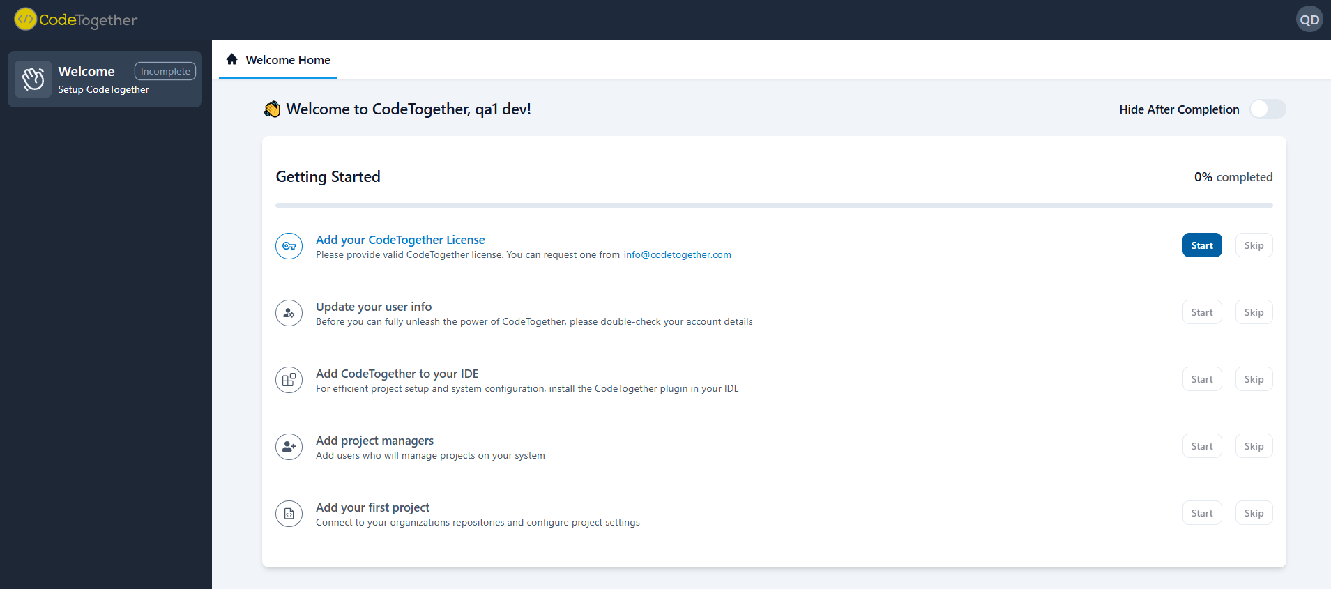 Welcome page dashboard overview